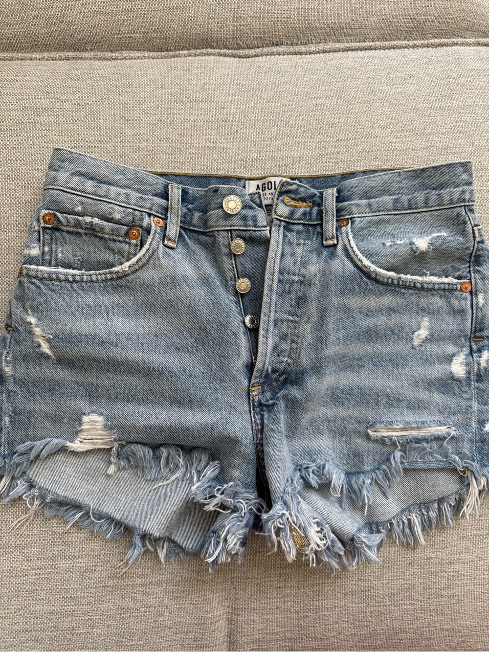Agolde Light Wash Distressed Denim Cutoff Shorts